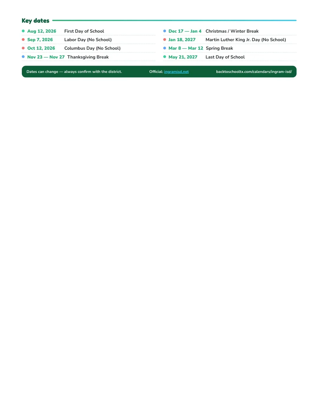 Ingram ISD Calendar for the Year 26-27 — key dates