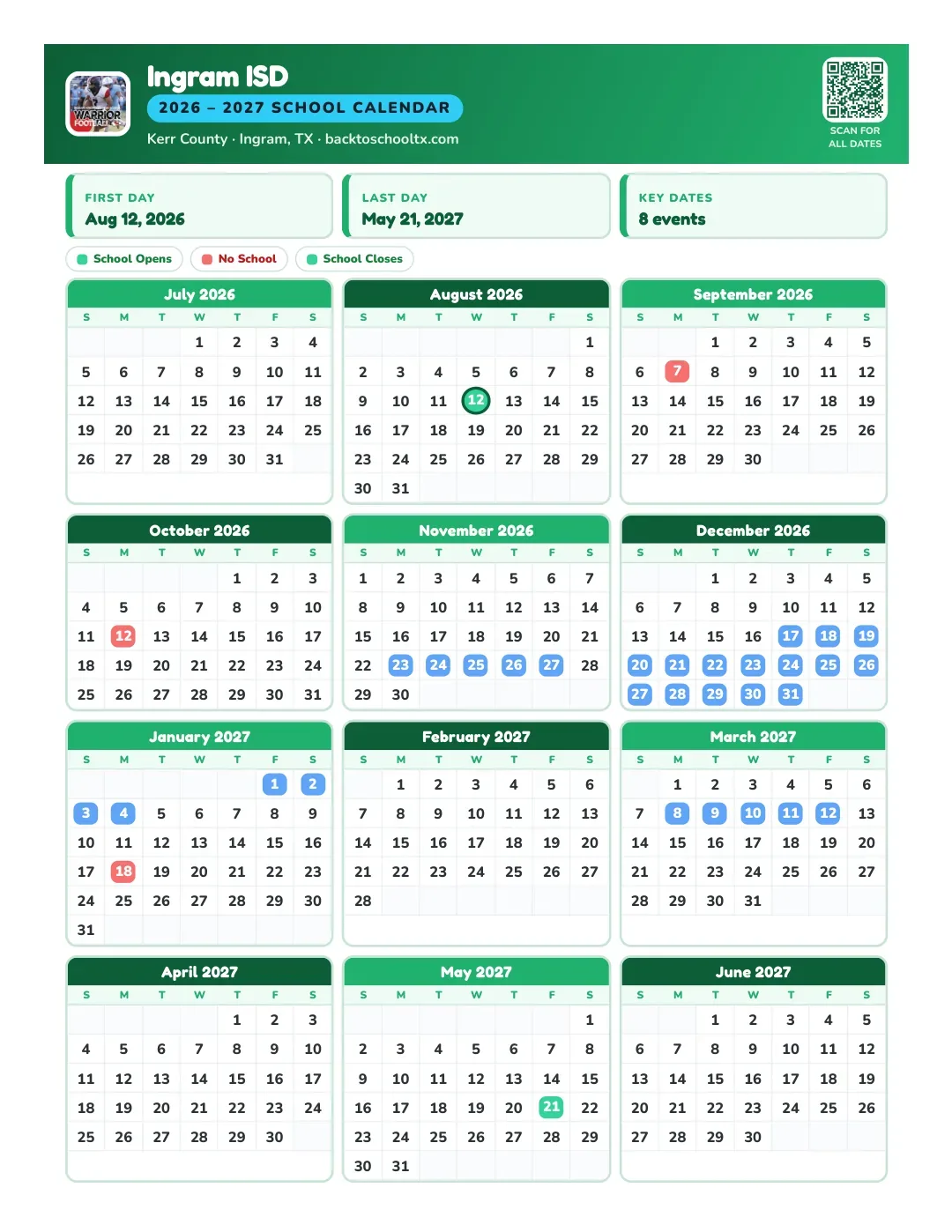 Ingram ISD Calendar for the Year 26-27