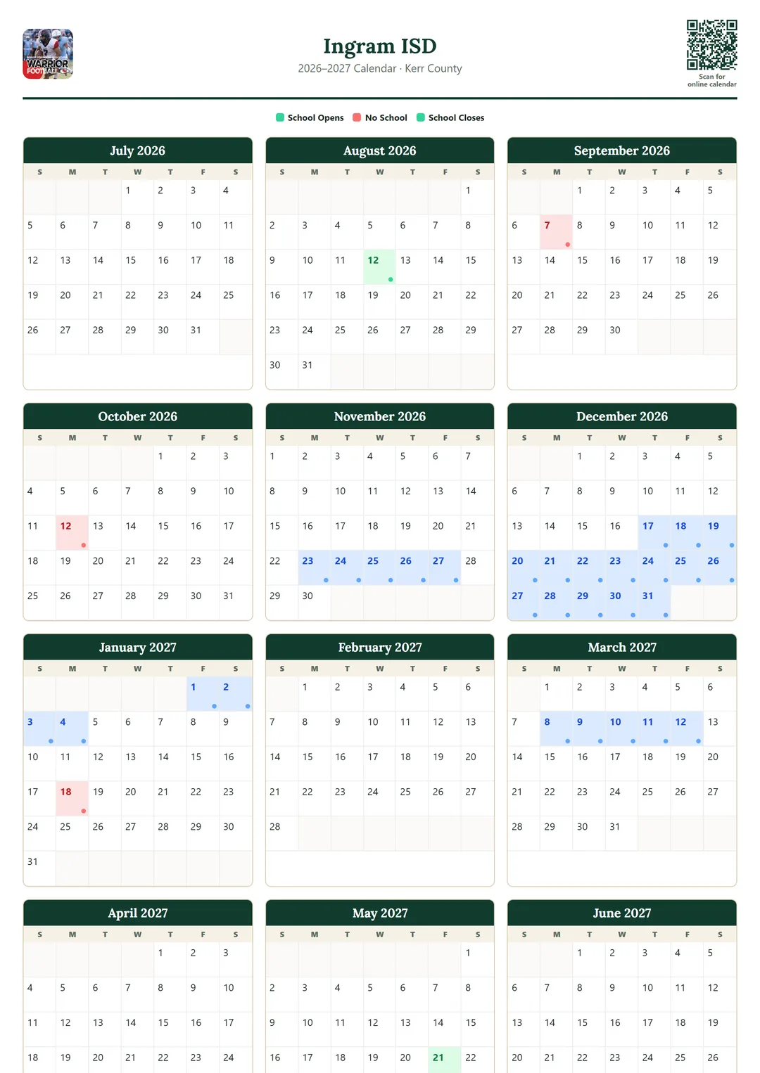 Ingram ISD printable 2026–2027 calendar