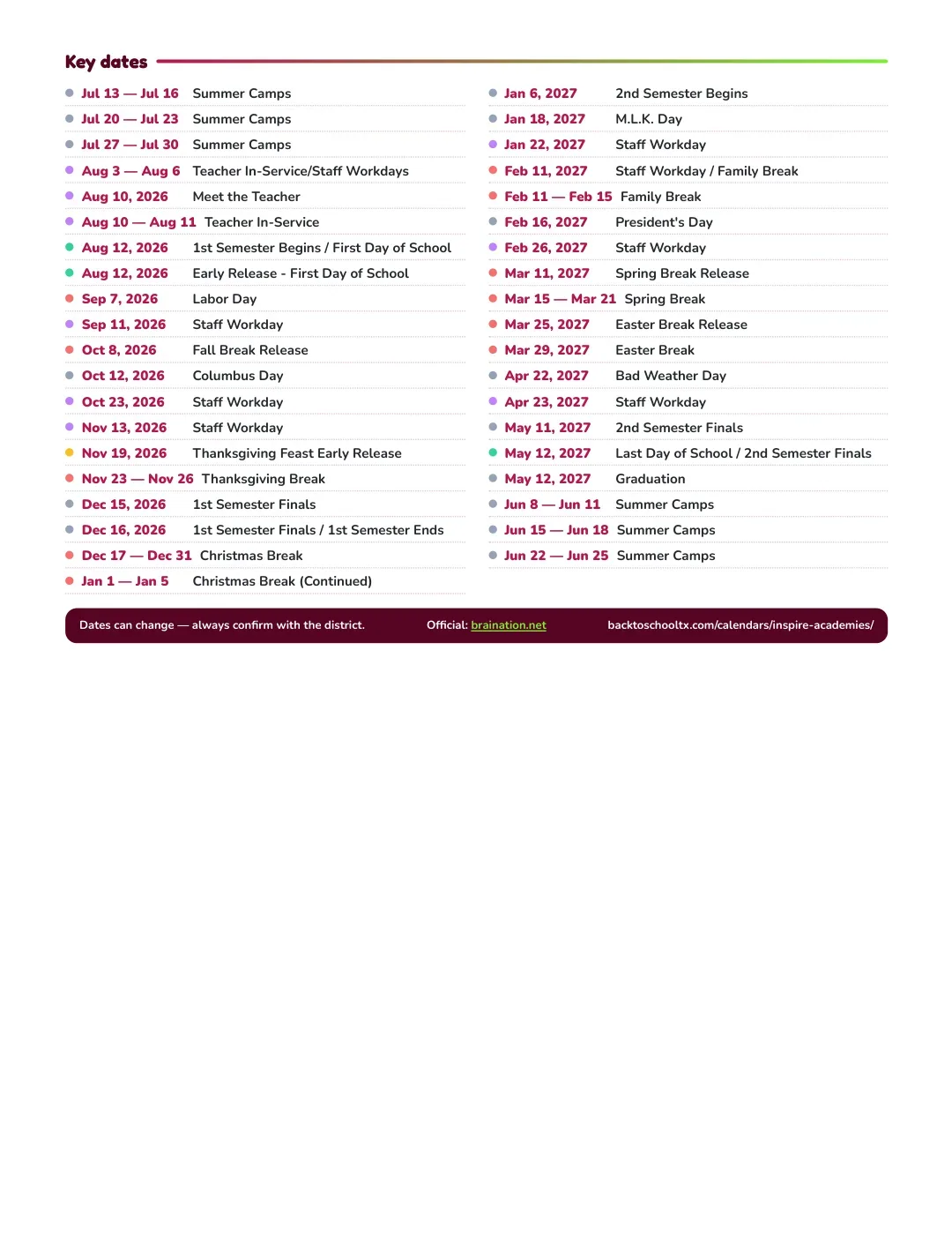 Inspire Academies Calendar for the Year 26-27 — key dates