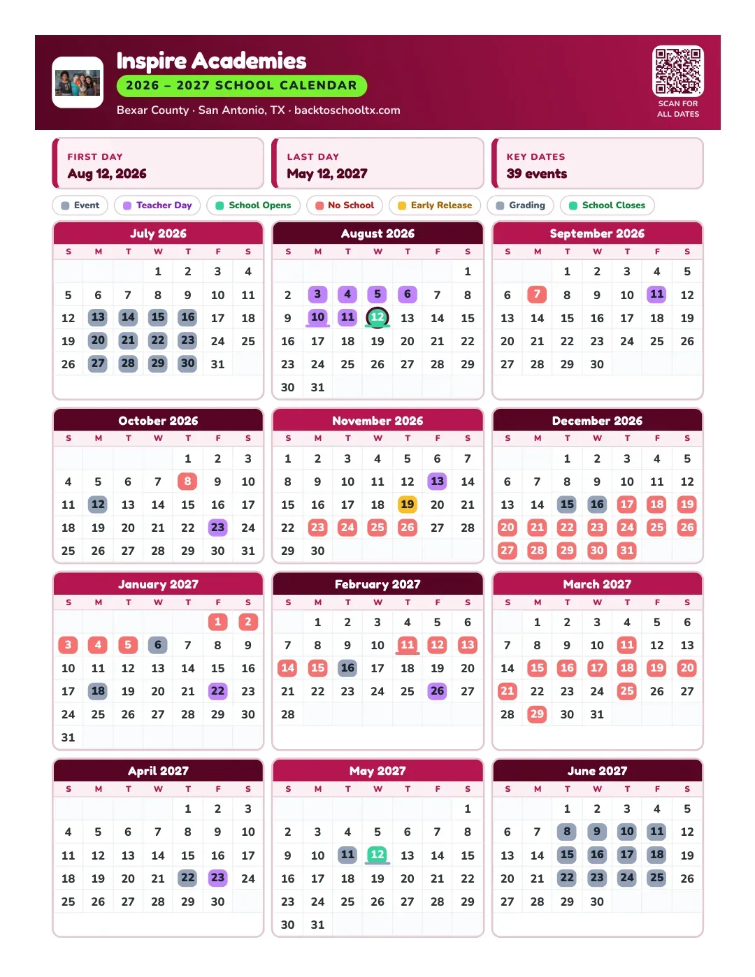 Inspire Academies Calendar for the Year 26-27