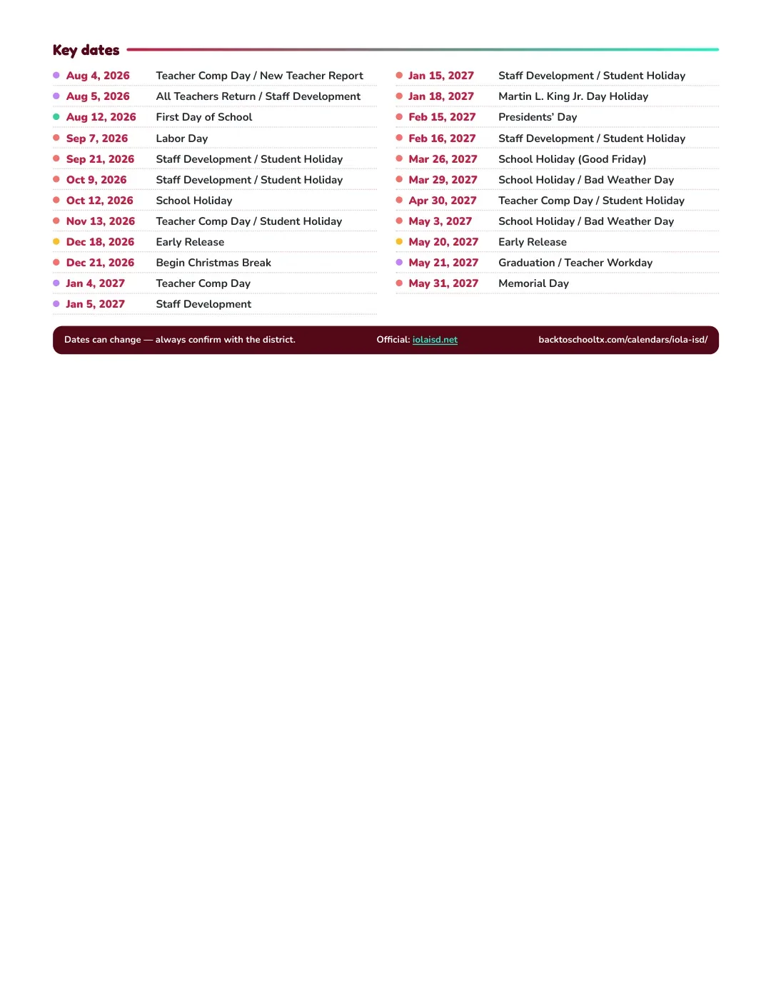 Iola ISD Calendar for the Year 26-27 — key dates