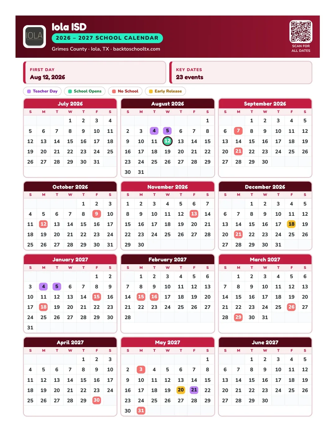 Iola ISD Calendar for the Year 26-27