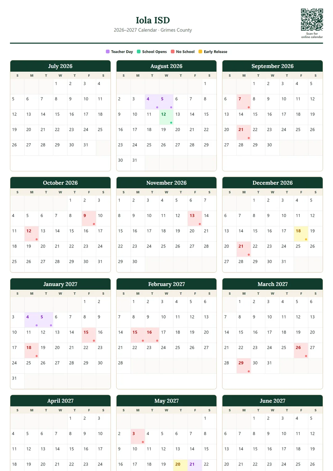 Iola ISD printable 2026–2027 calendar