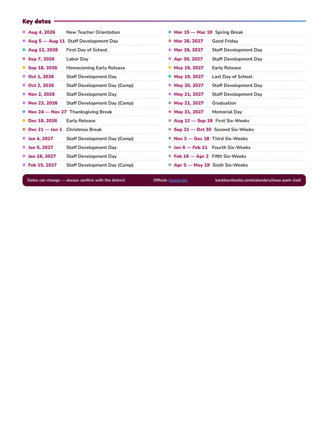 Iowa Park CISD Calendar for the Year 26-27 — key dates