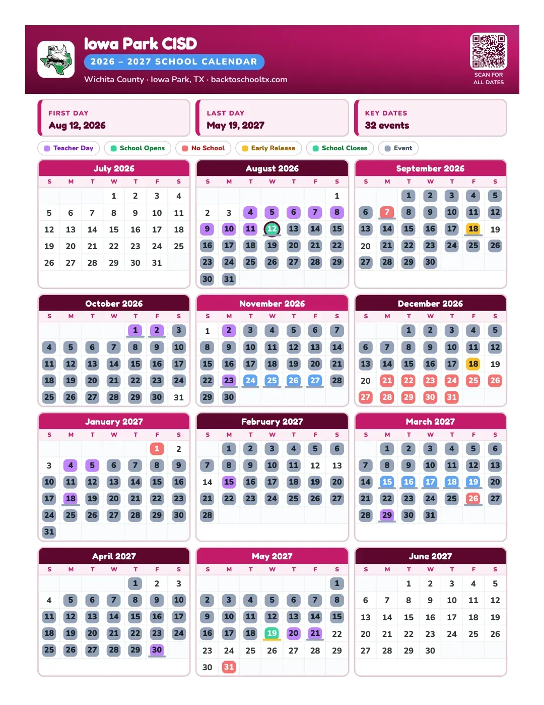 Iowa Park CISD Calendar for the Year 26-27