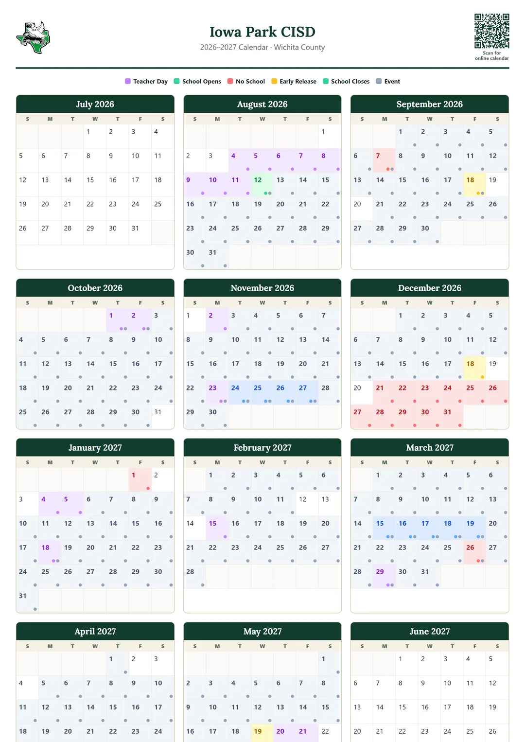 Iowa Park CISD printable 2026–2027 calendar