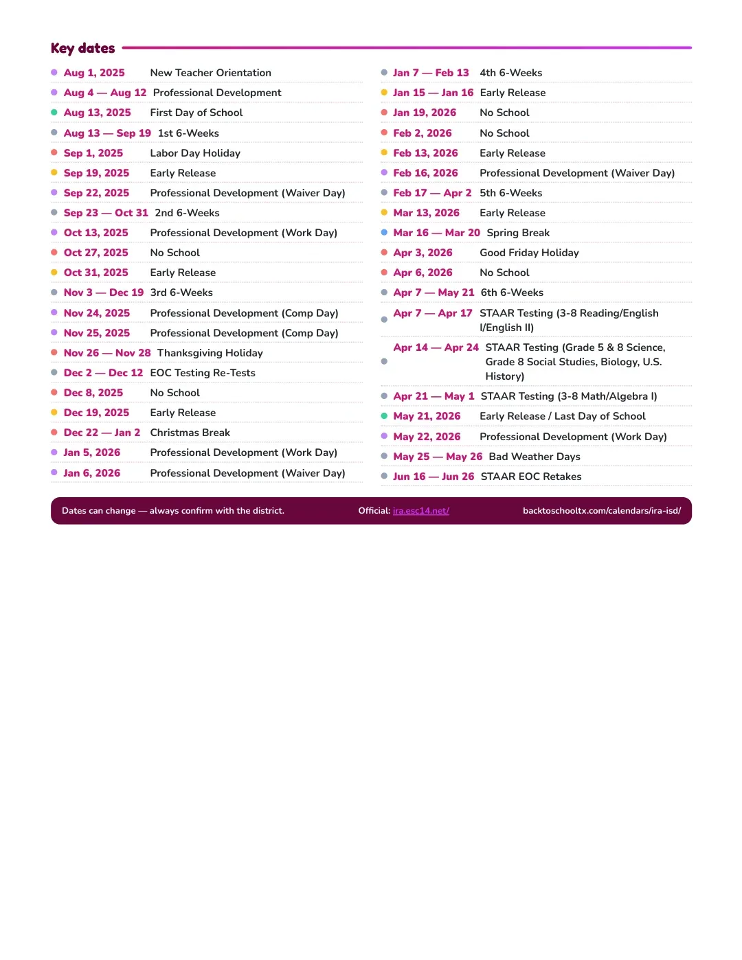 Ira ISD Calendar for the Year 26-27 — key dates