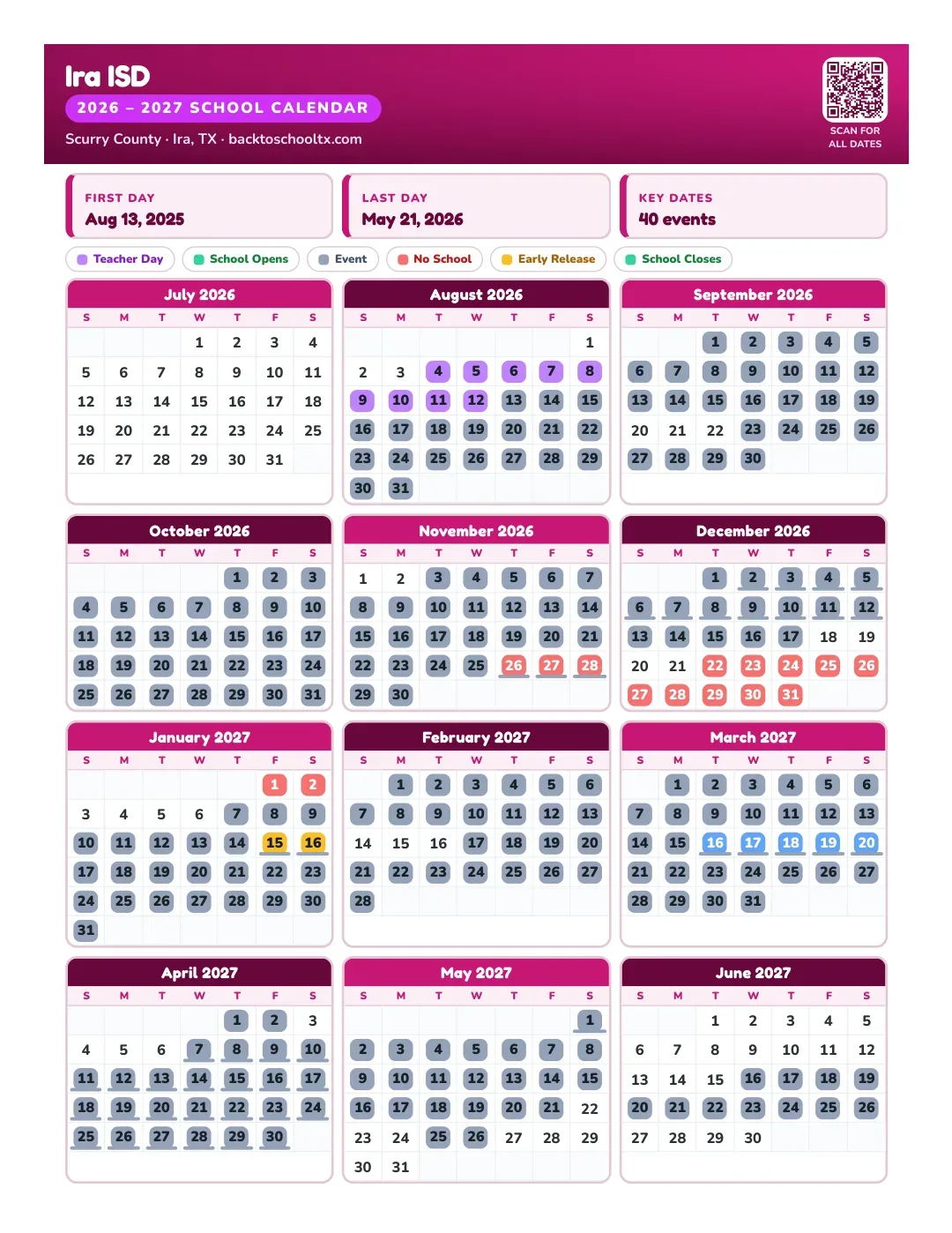 Ira ISD Calendar for the Year 26-27