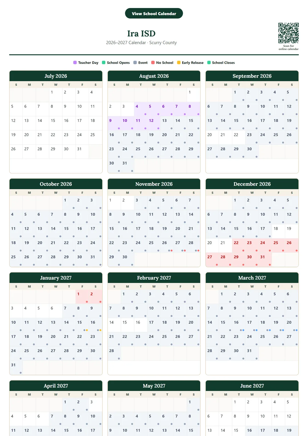 Ira ISD printable 2026–2027 calendar