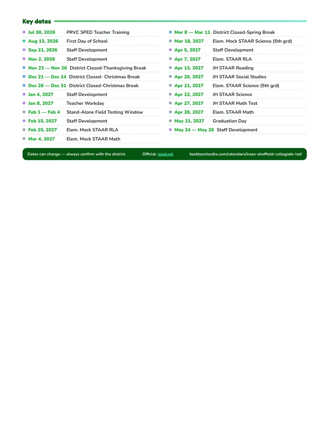 Iraan-sheffield Collegiate ISD Calendar for the Year 26-27 — key dates