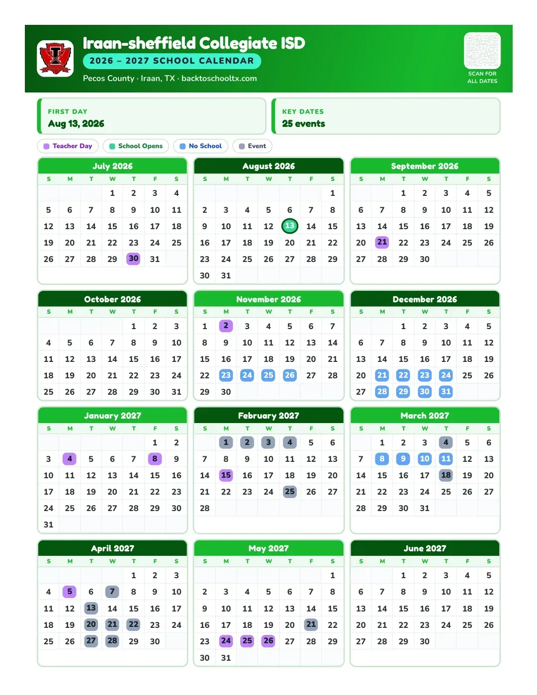 Iraan-sheffield Collegiate ISD Calendar for the Year 26-27