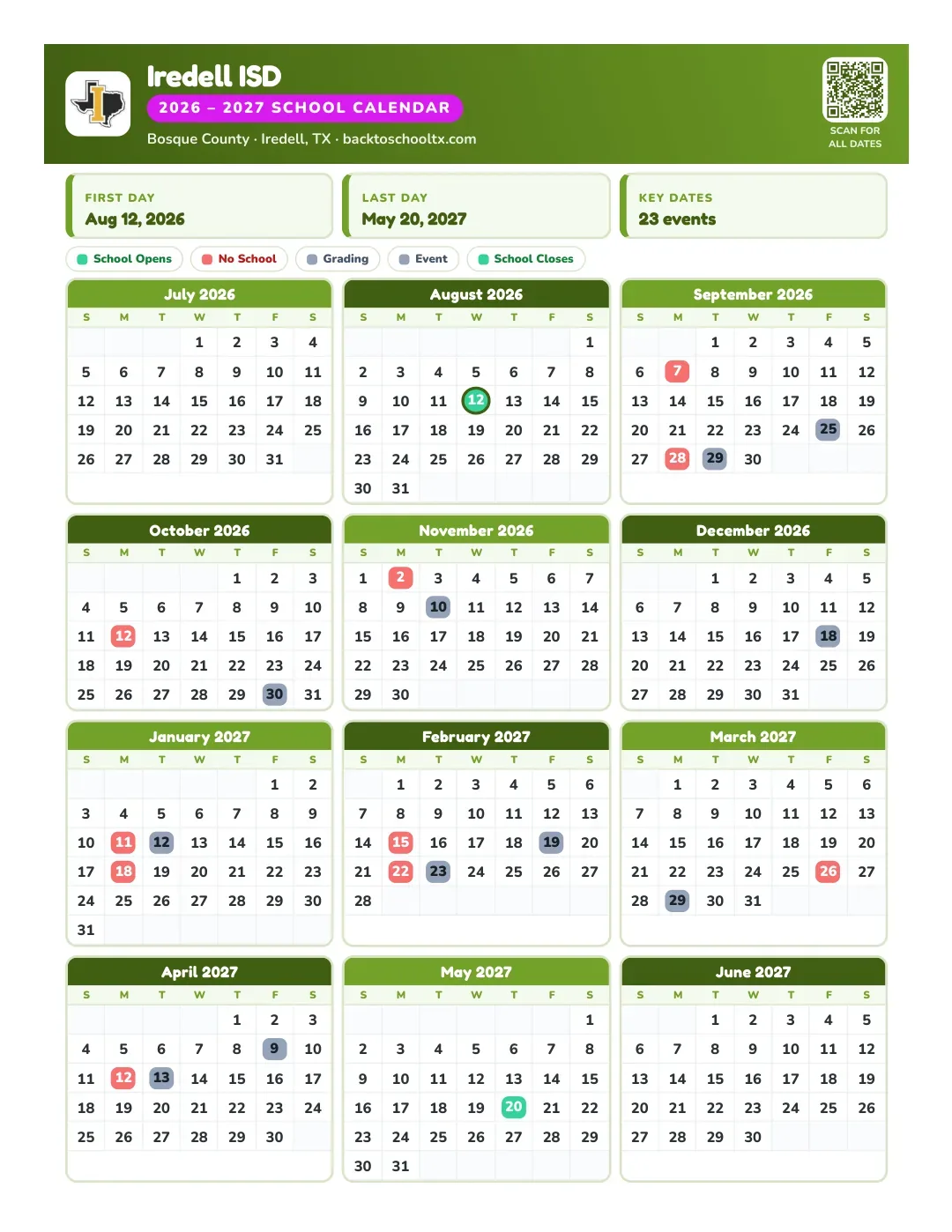 Iredell ISD Calendar for the Year 26-27