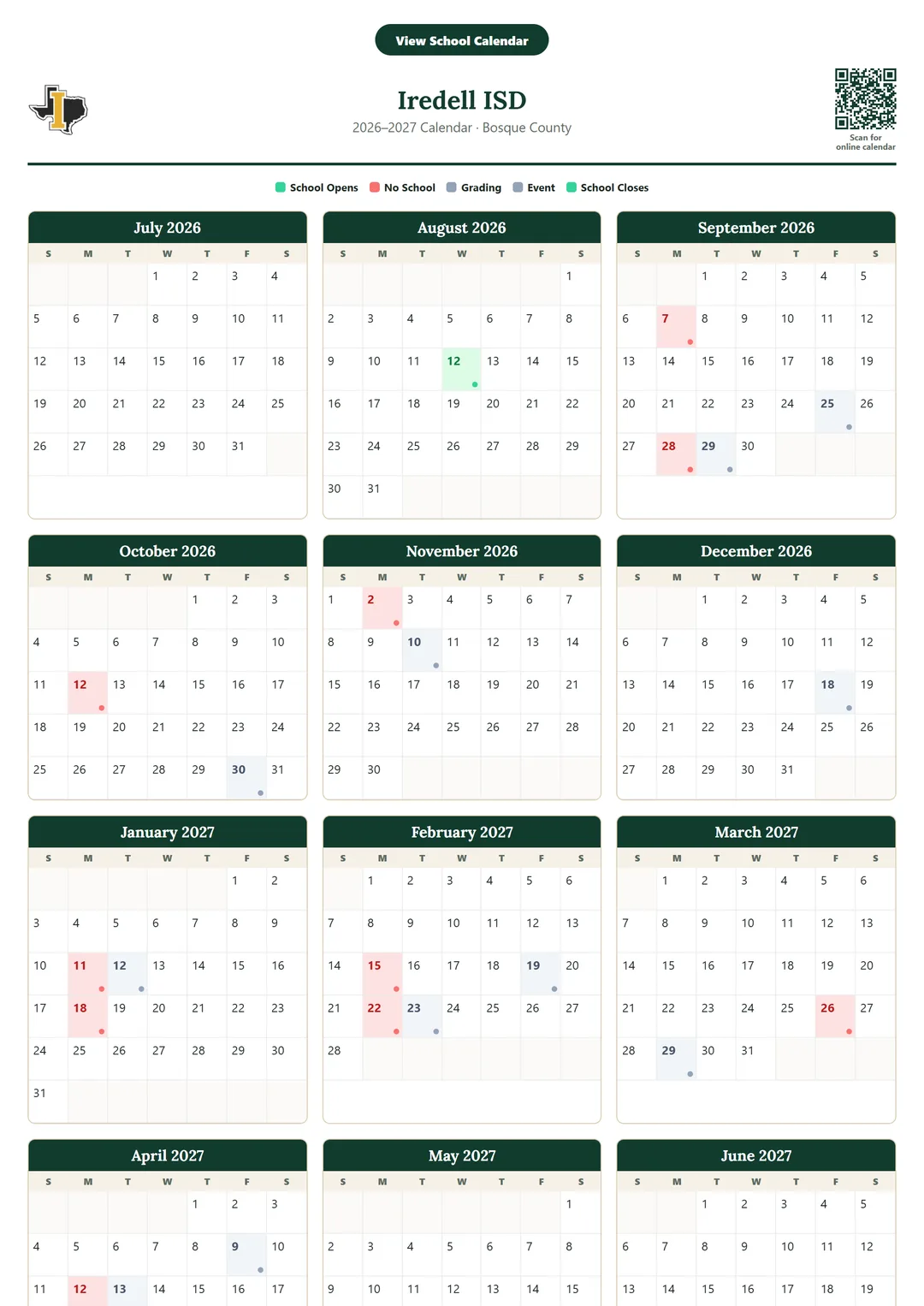 Iredell ISD printable 2026–2027 calendar