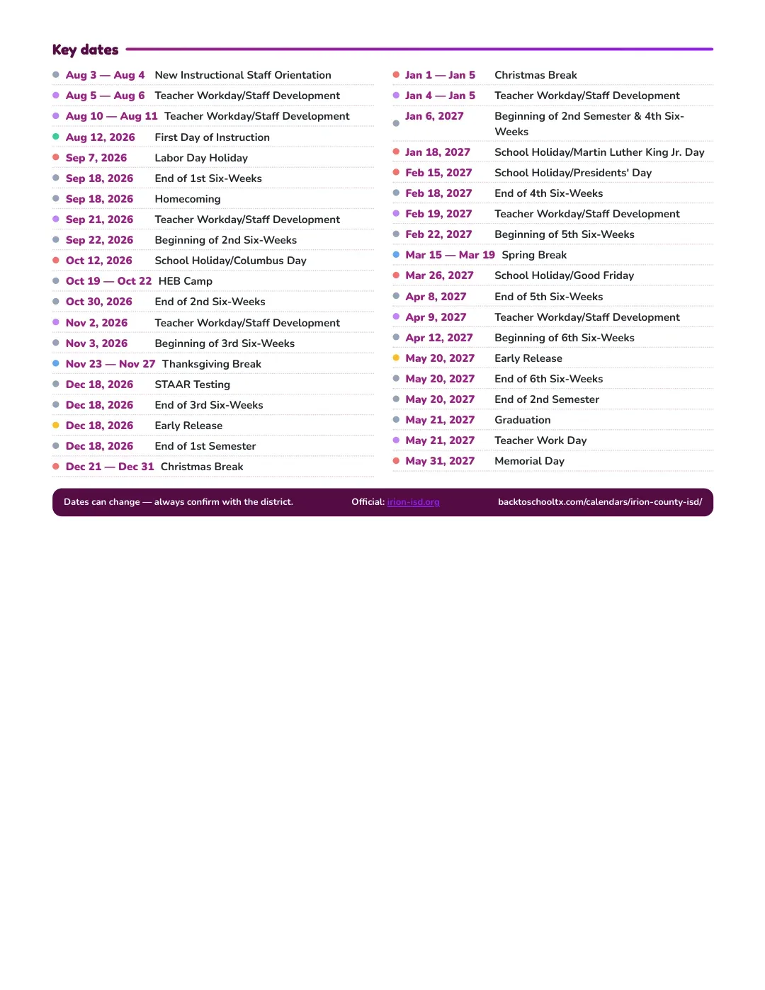 Irion County ISD Calendar for the Year 26-27 — key dates