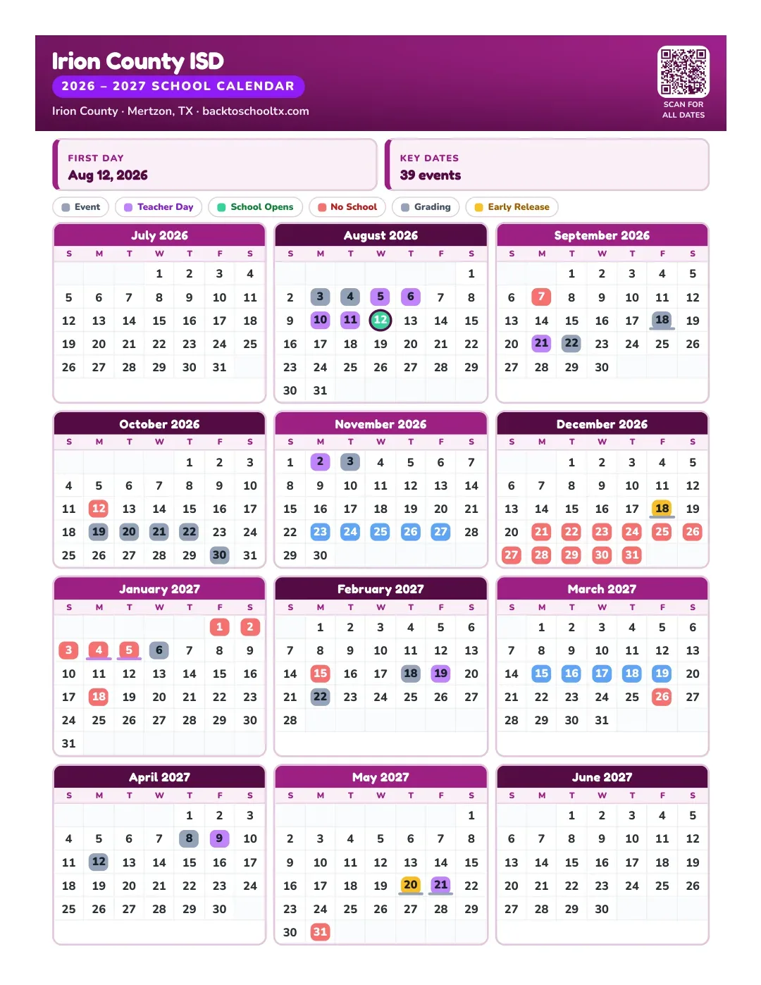 Irion County ISD Calendar for the Year 26-27