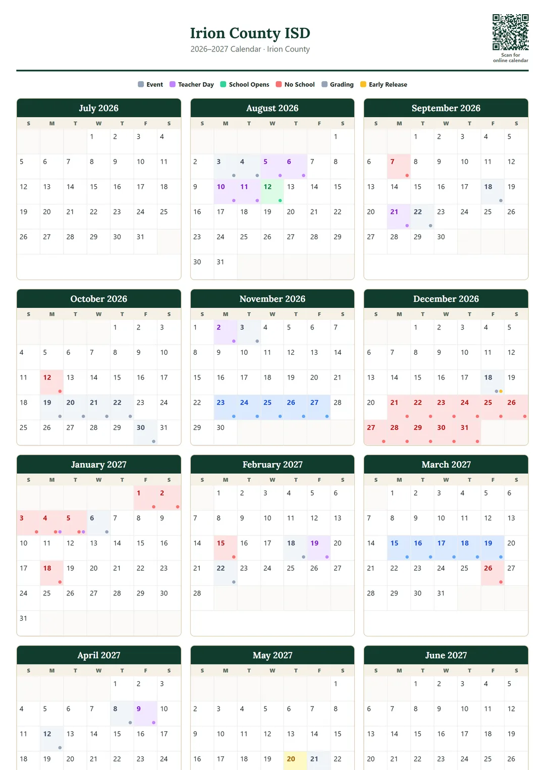 Irion County ISD printable 2026–2027 calendar