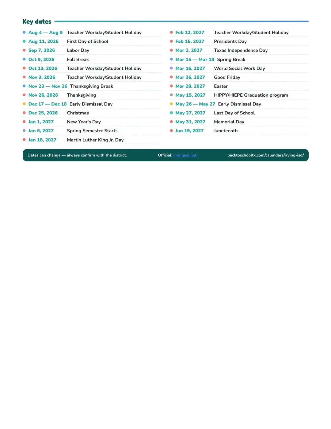 Irving ISD Calendar for the Year 26-27 — key dates
