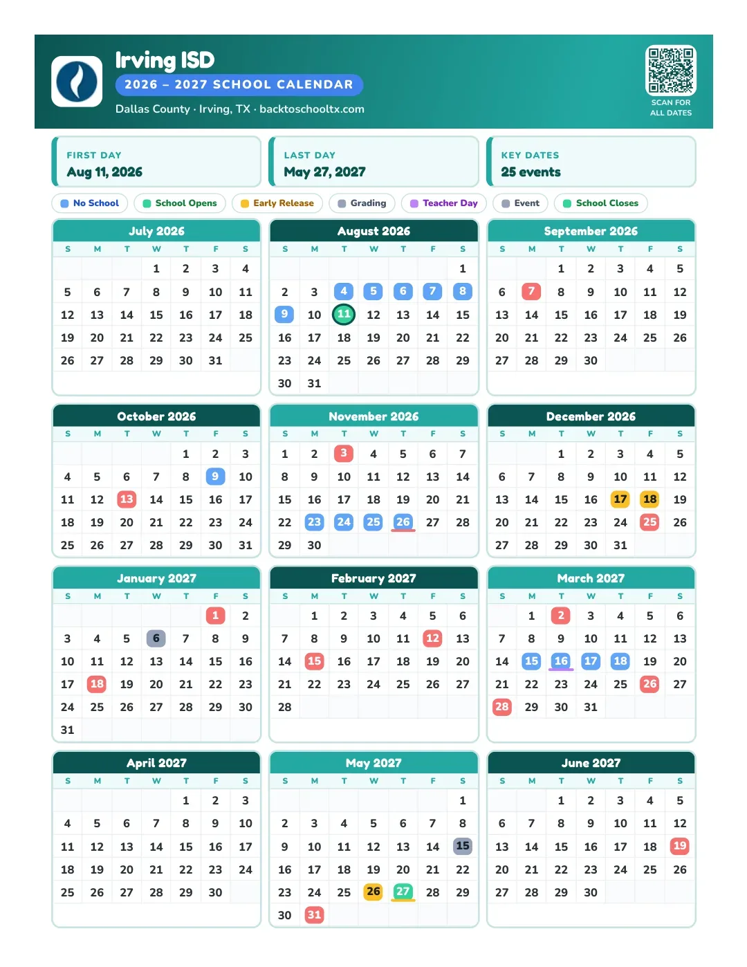 Irving ISD Calendar for the Year 26-27