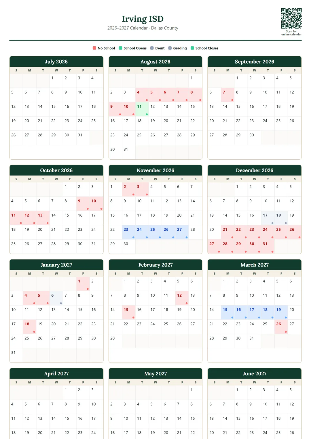 Irving ISD printable 2026–2027 calendar
