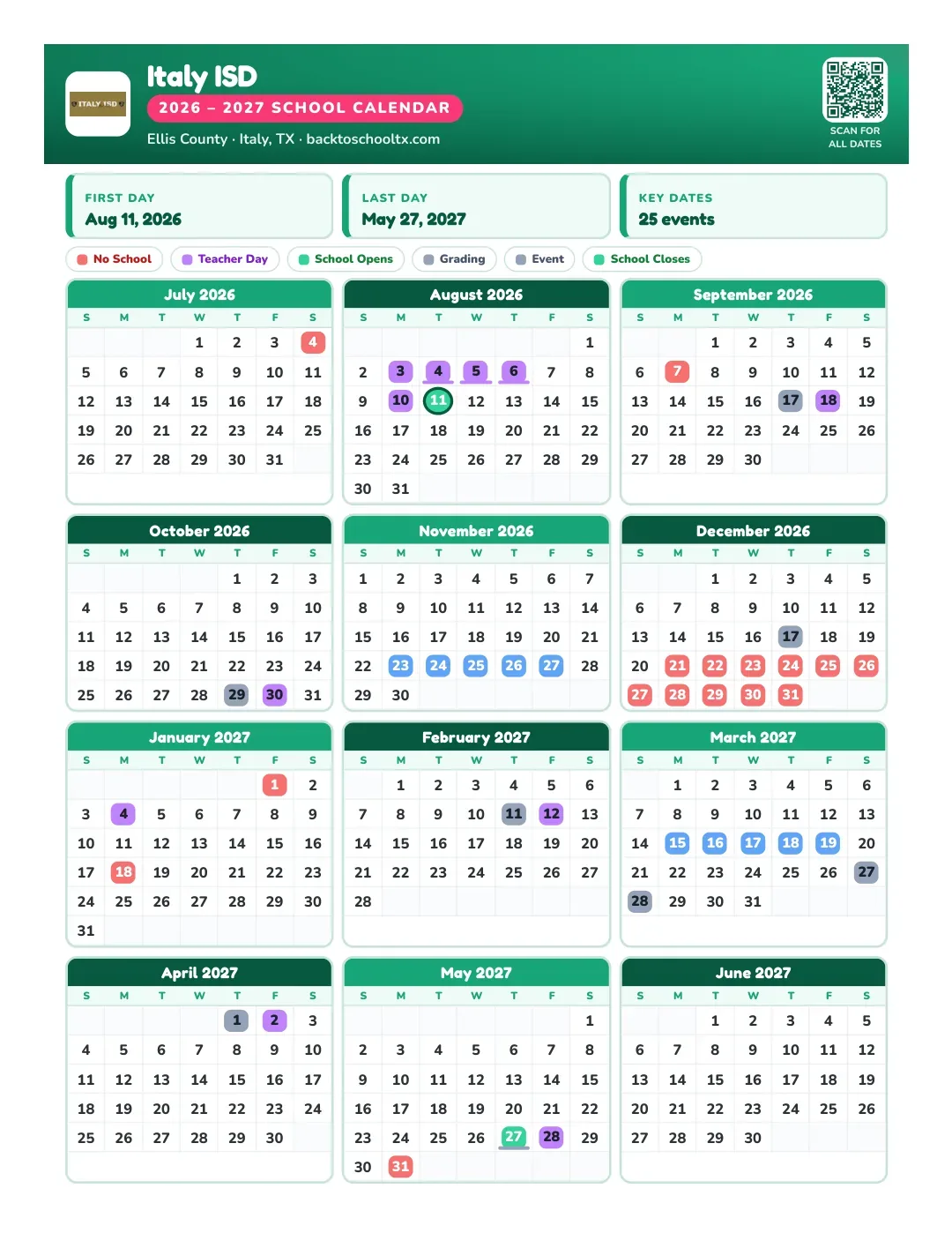 Italy ISD Calendar for the Year 26-27
