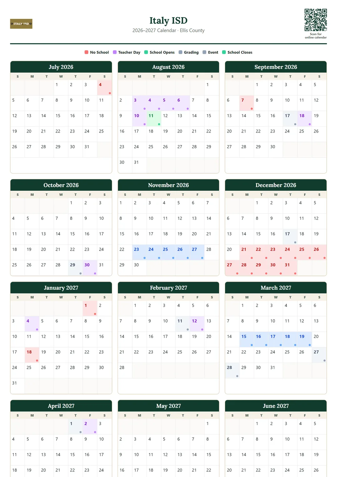 Italy ISD printable 2026–2027 calendar