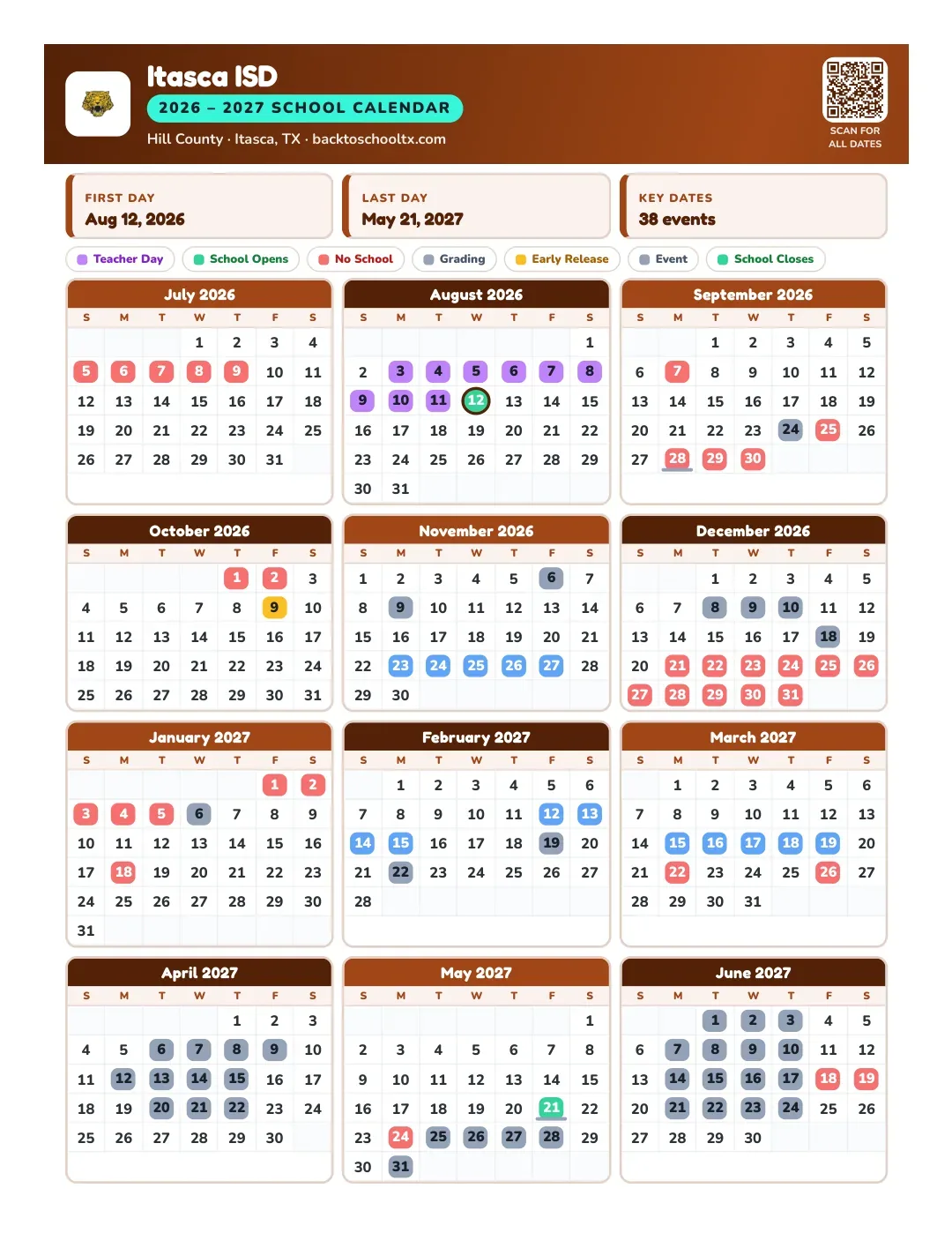 Itasca ISD Calendar for the Year 26-27
