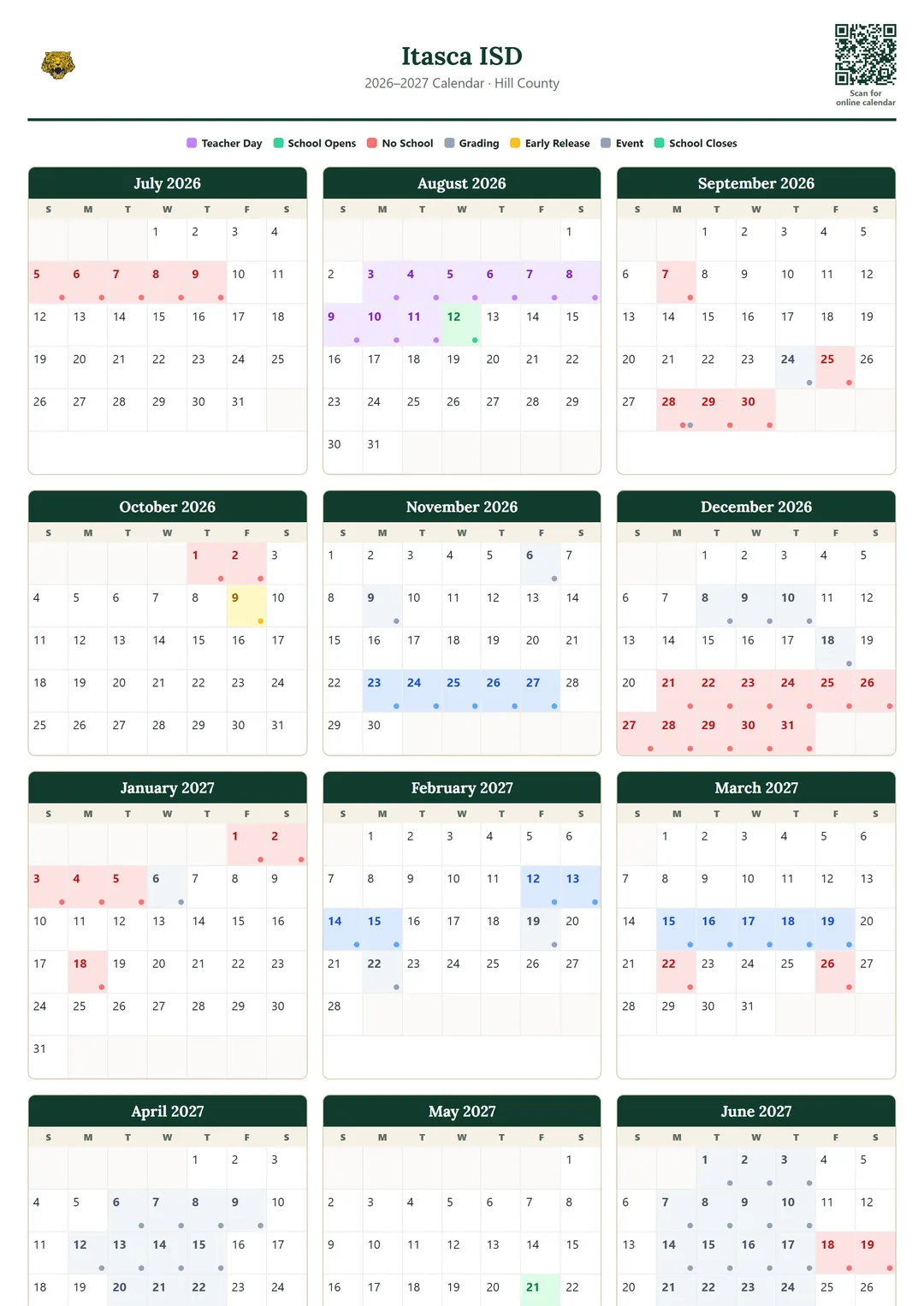 Itasca ISD printable 2026–2027 calendar