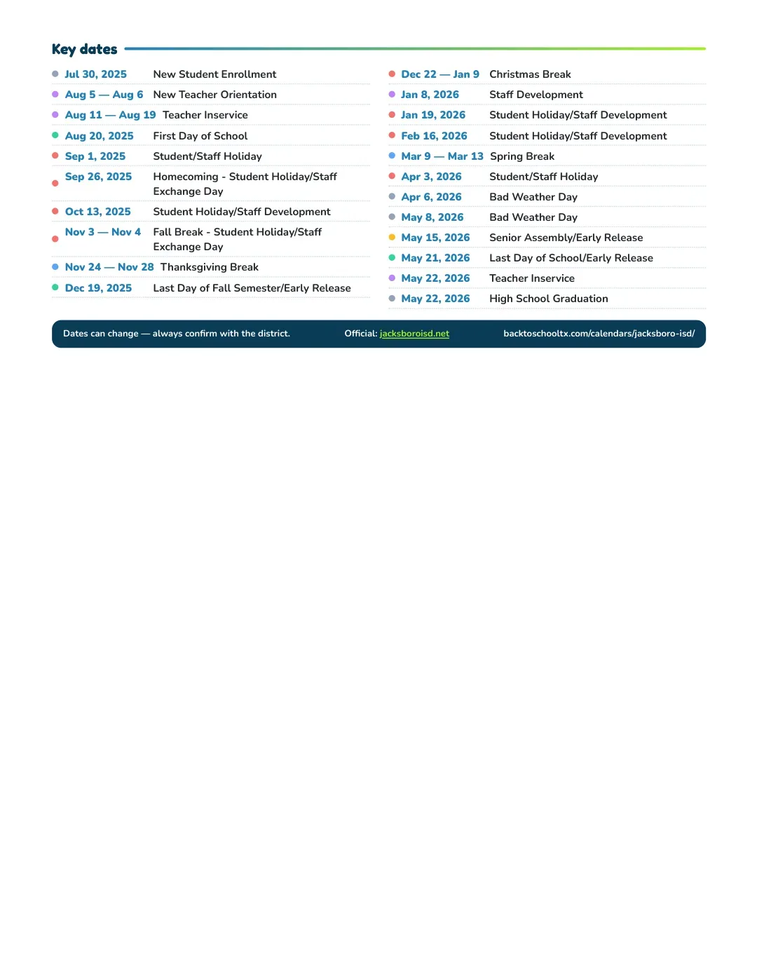 Jacksboro ISD Calendar for the Year 26-27 — key dates