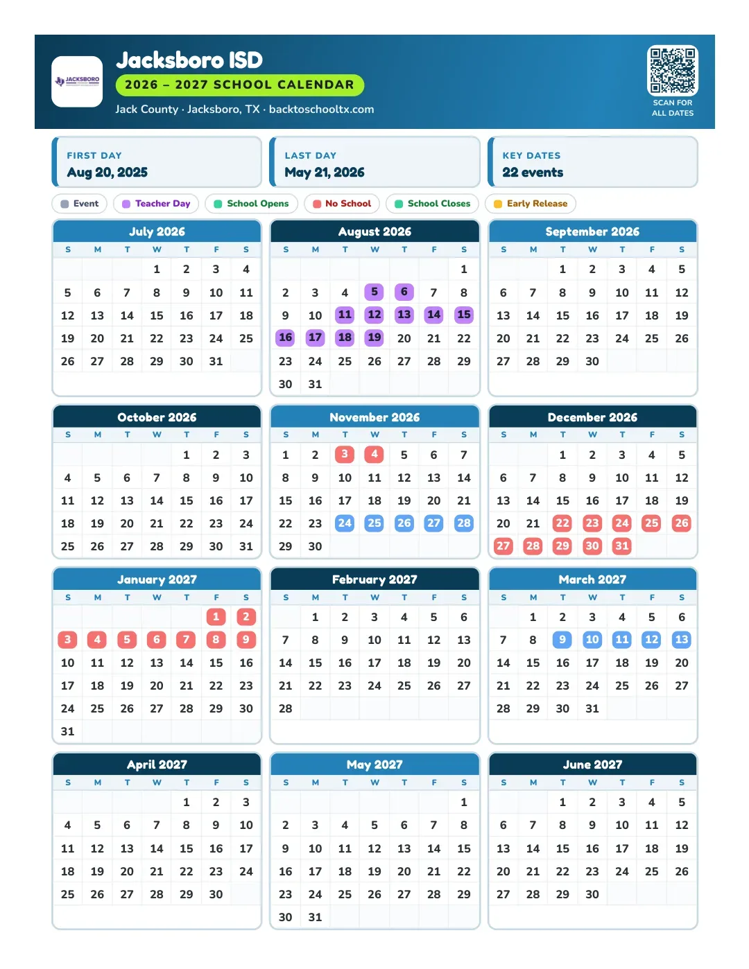 Jacksboro ISD Calendar for the Year 26-27