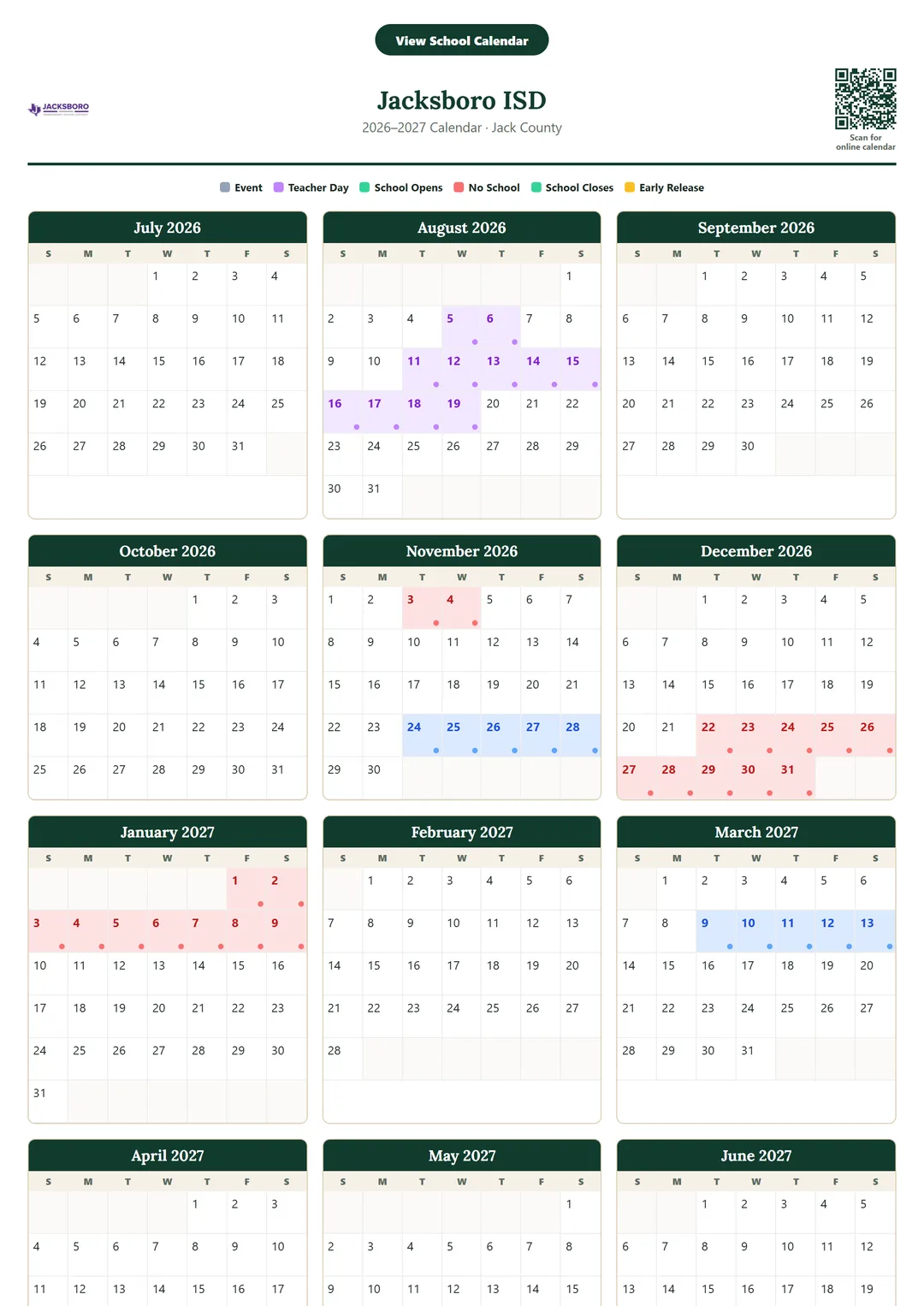 Jacksboro ISD printable 2026–2027 calendar