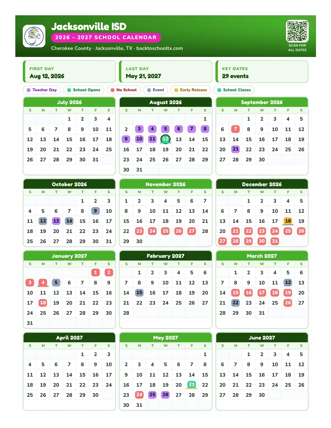 Jacksonville ISD Calendar for the Year 26-27