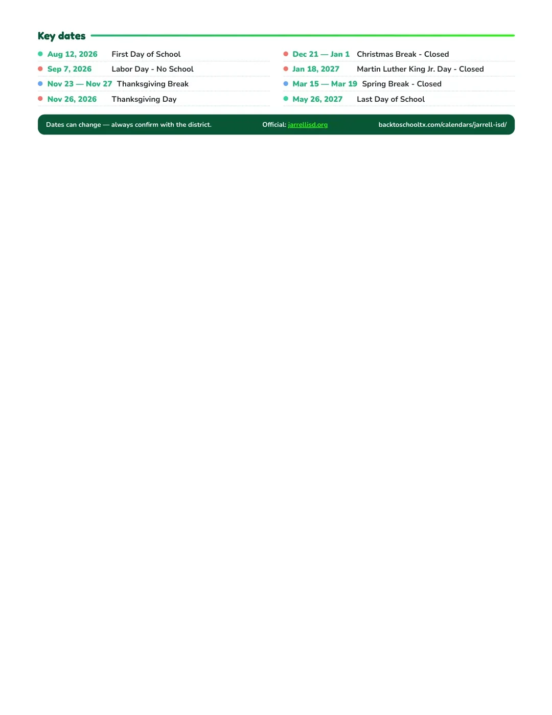 Jarrell ISD Calendar for the Year 26-27 — key dates