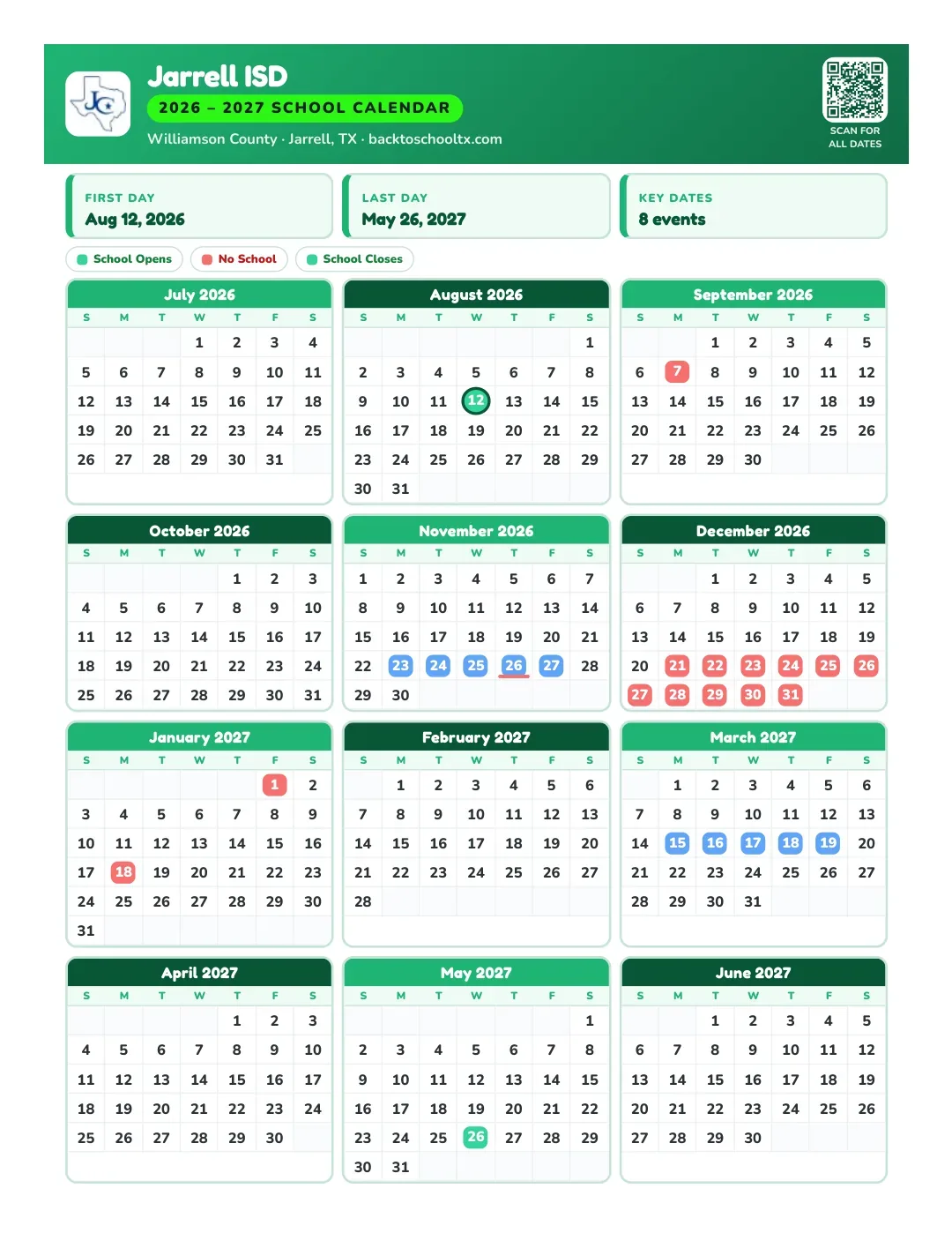 Jarrell ISD Calendar for the Year 26-27