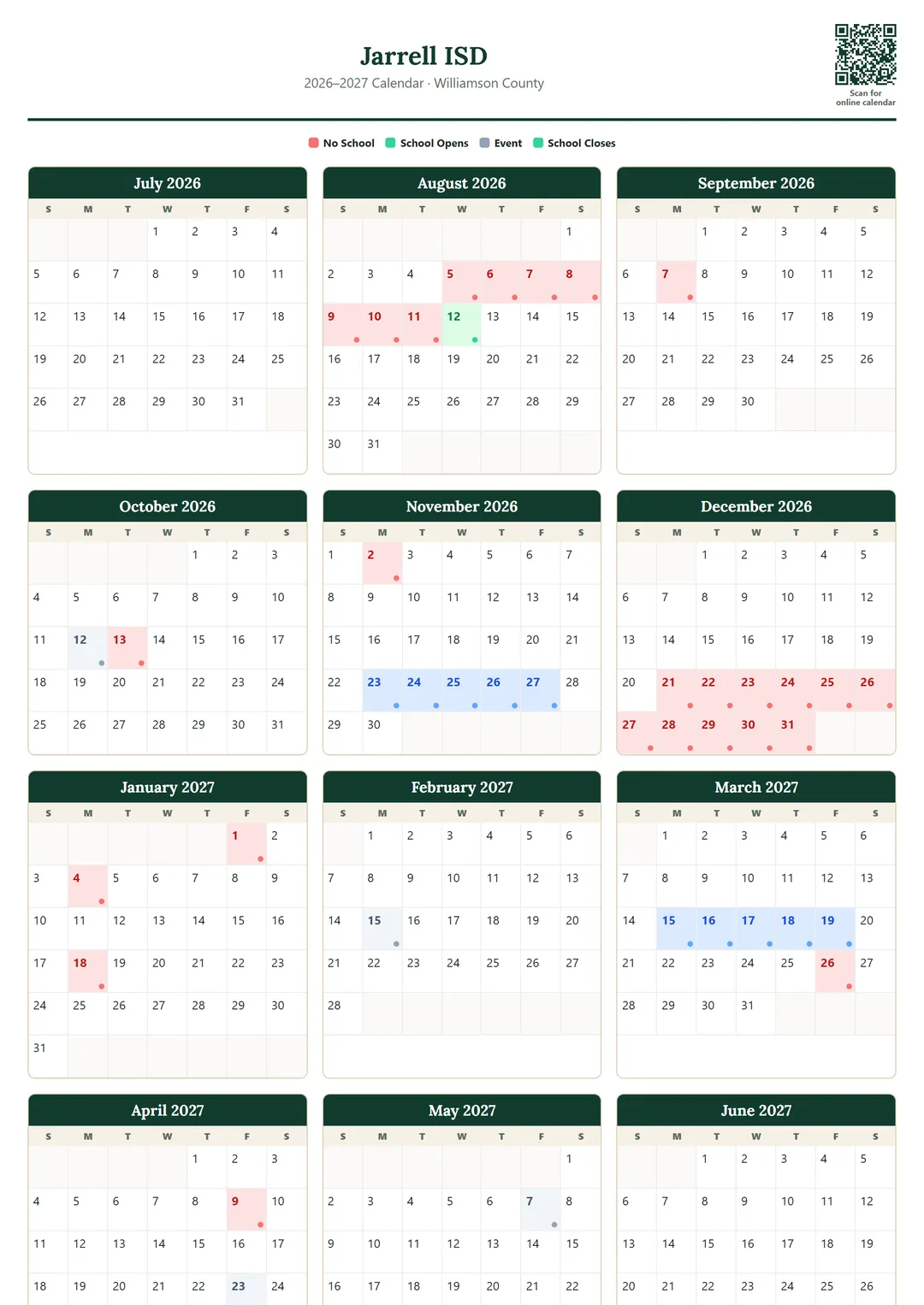 Jarrell ISD printable 2026–2027 calendar