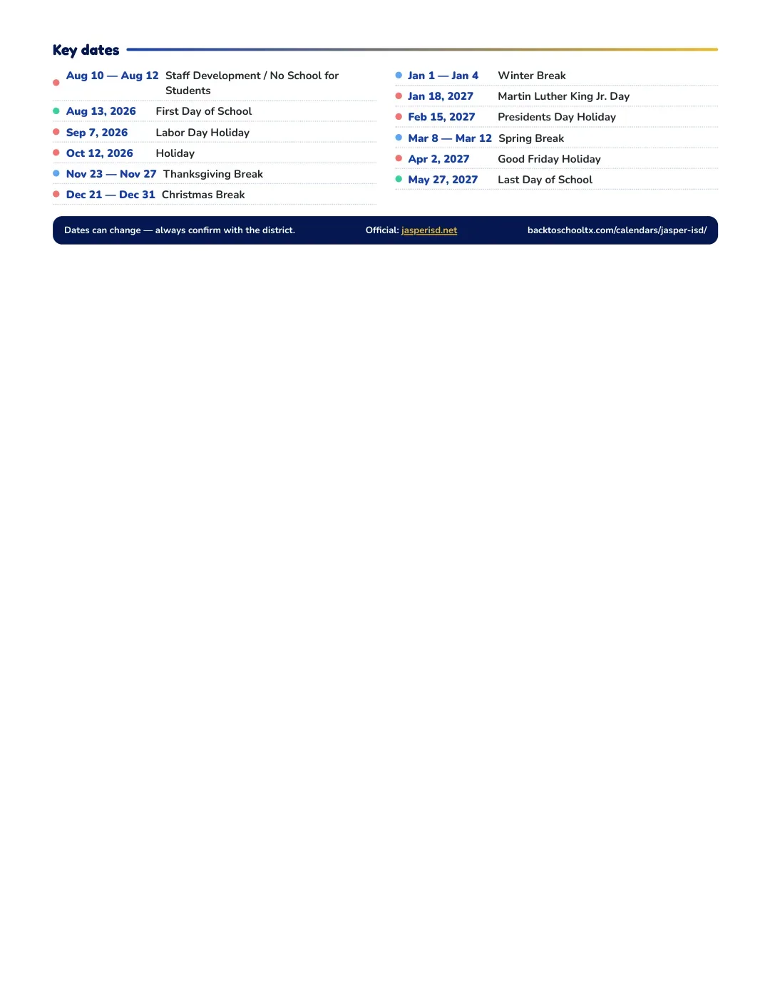 Jasper ISD Calendar for the Year 26-27 — key dates