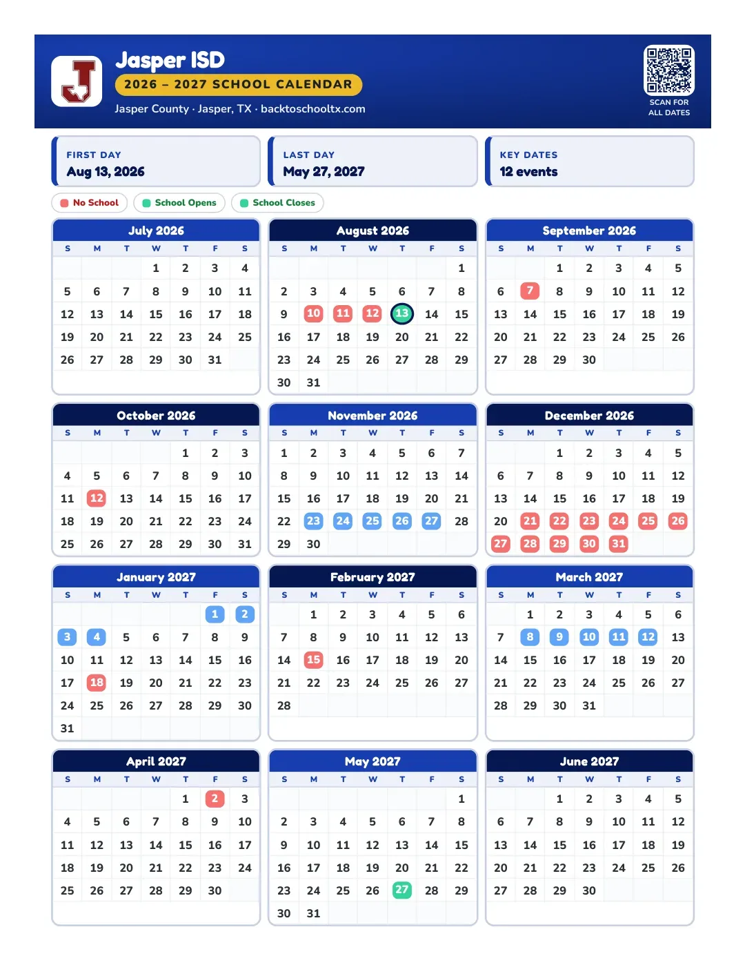 Jasper ISD Calendar for the Year 26-27