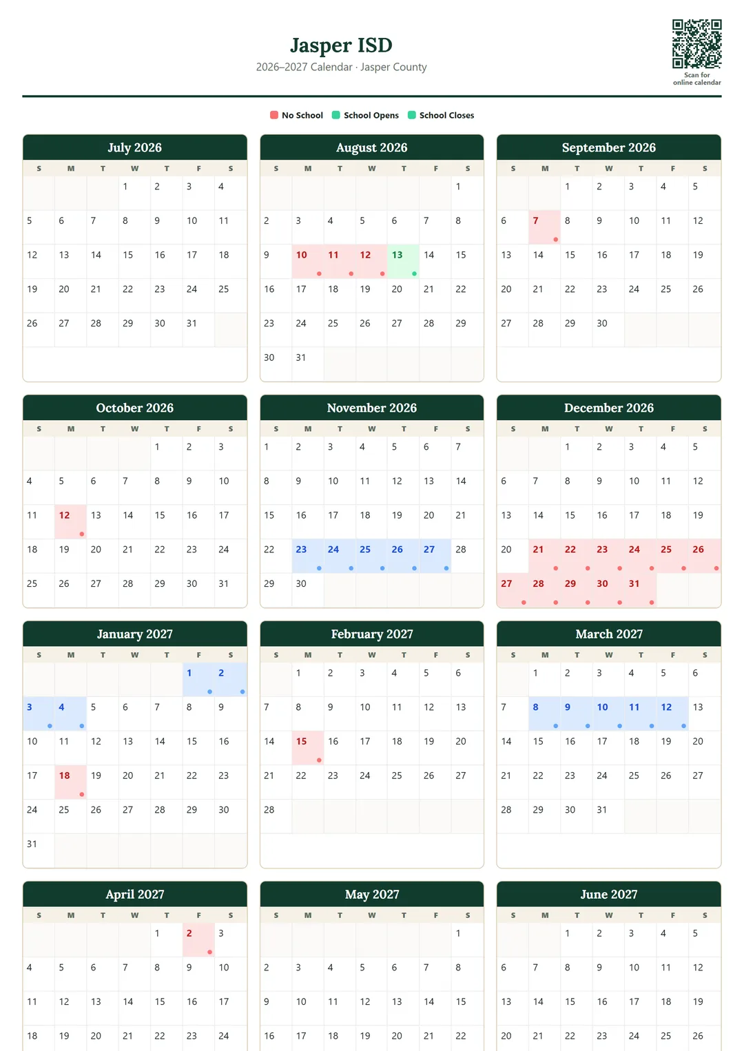 Jasper ISD printable 2026–2027 calendar
