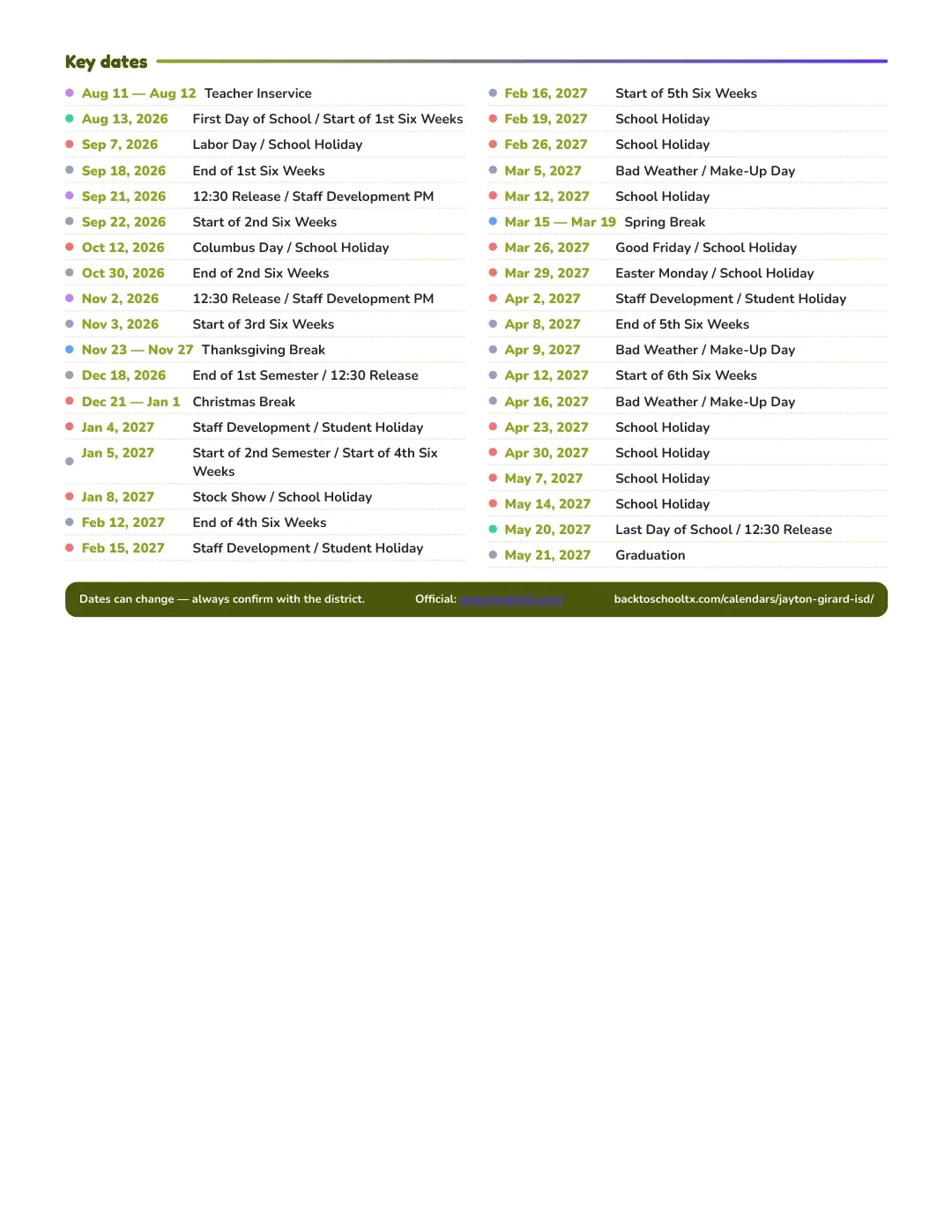 Jayton-girard ISD Calendar for the Year 26-27 — key dates