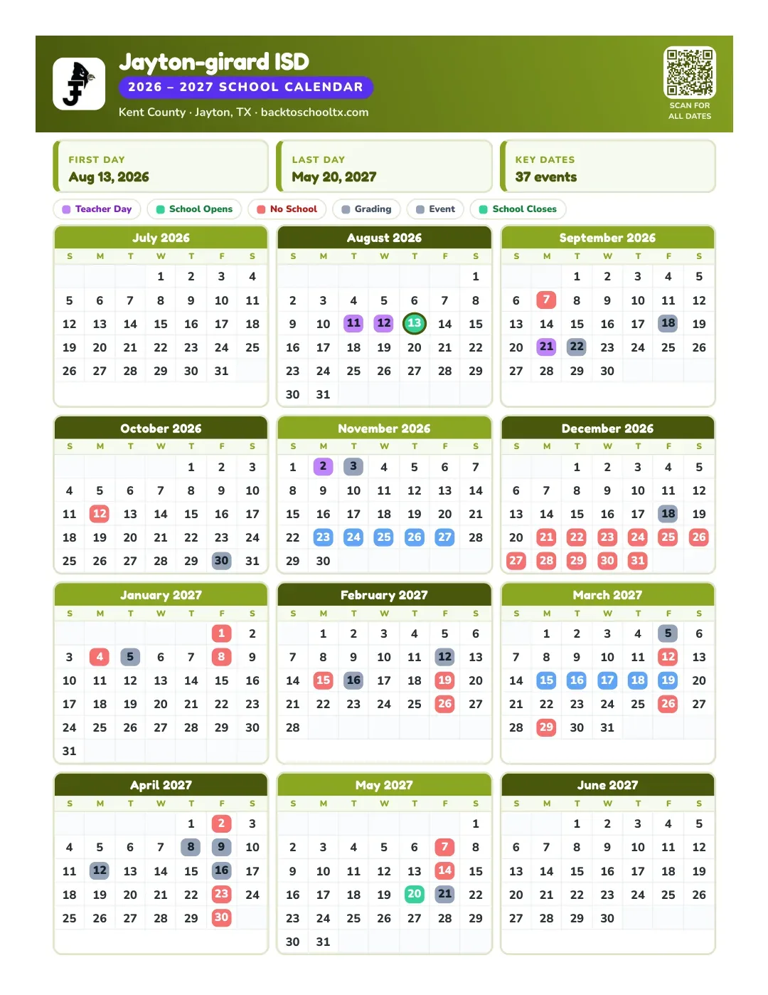 Jayton-girard ISD Calendar for the Year 26-27