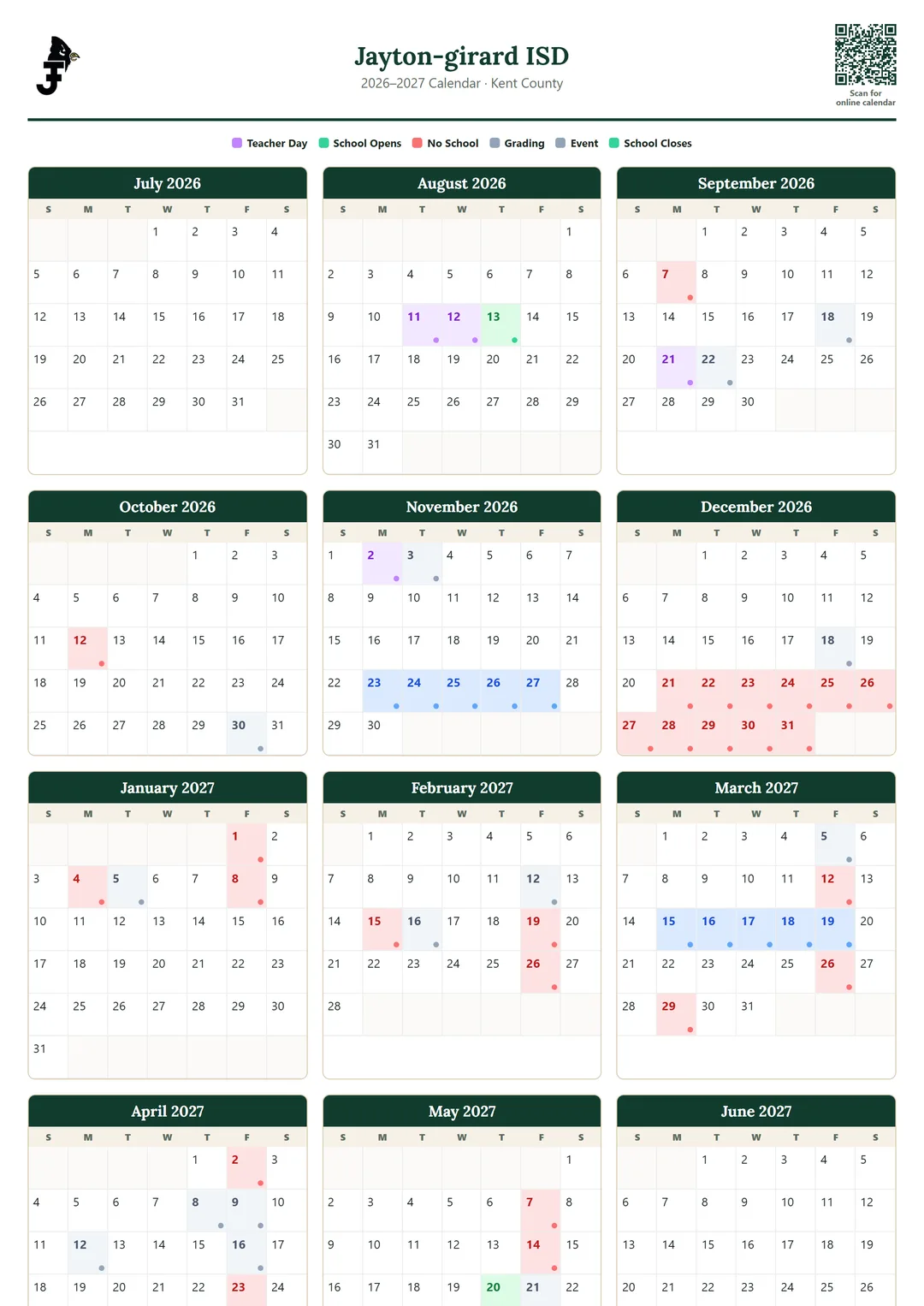 Jayton-girard ISD printable 2026–2027 calendar