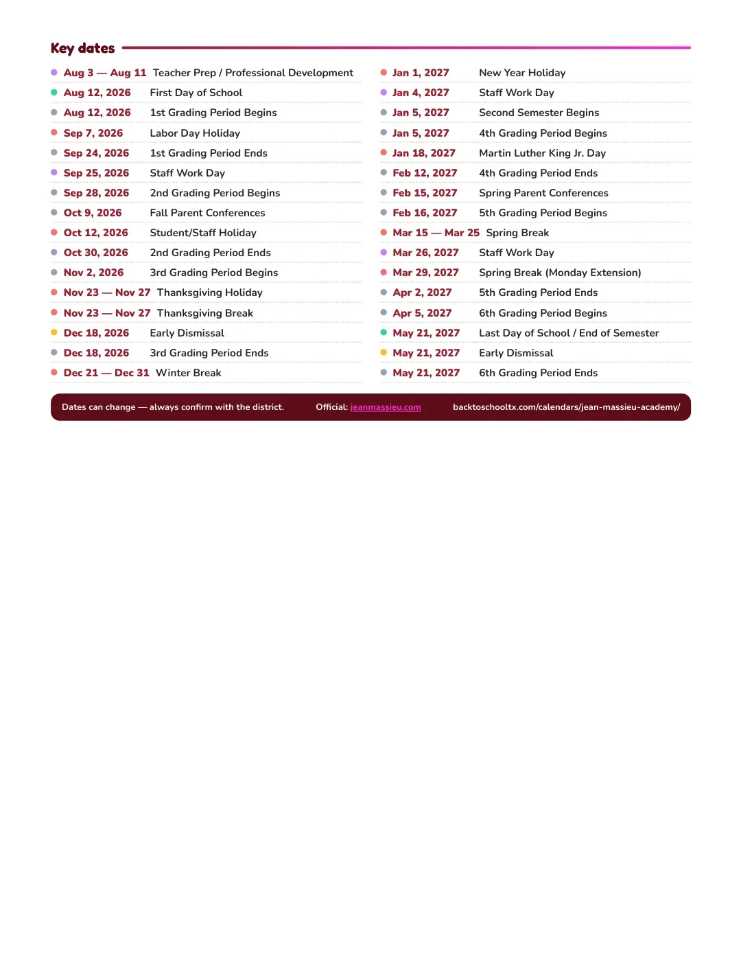 Jean Massieu Academy Calendar for the Year 26-27 — key dates