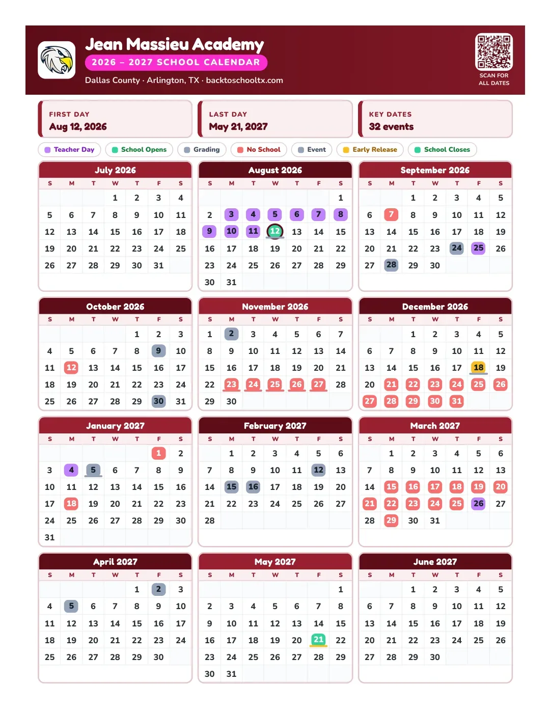 Jean Massieu Academy Calendar for the Year 26-27