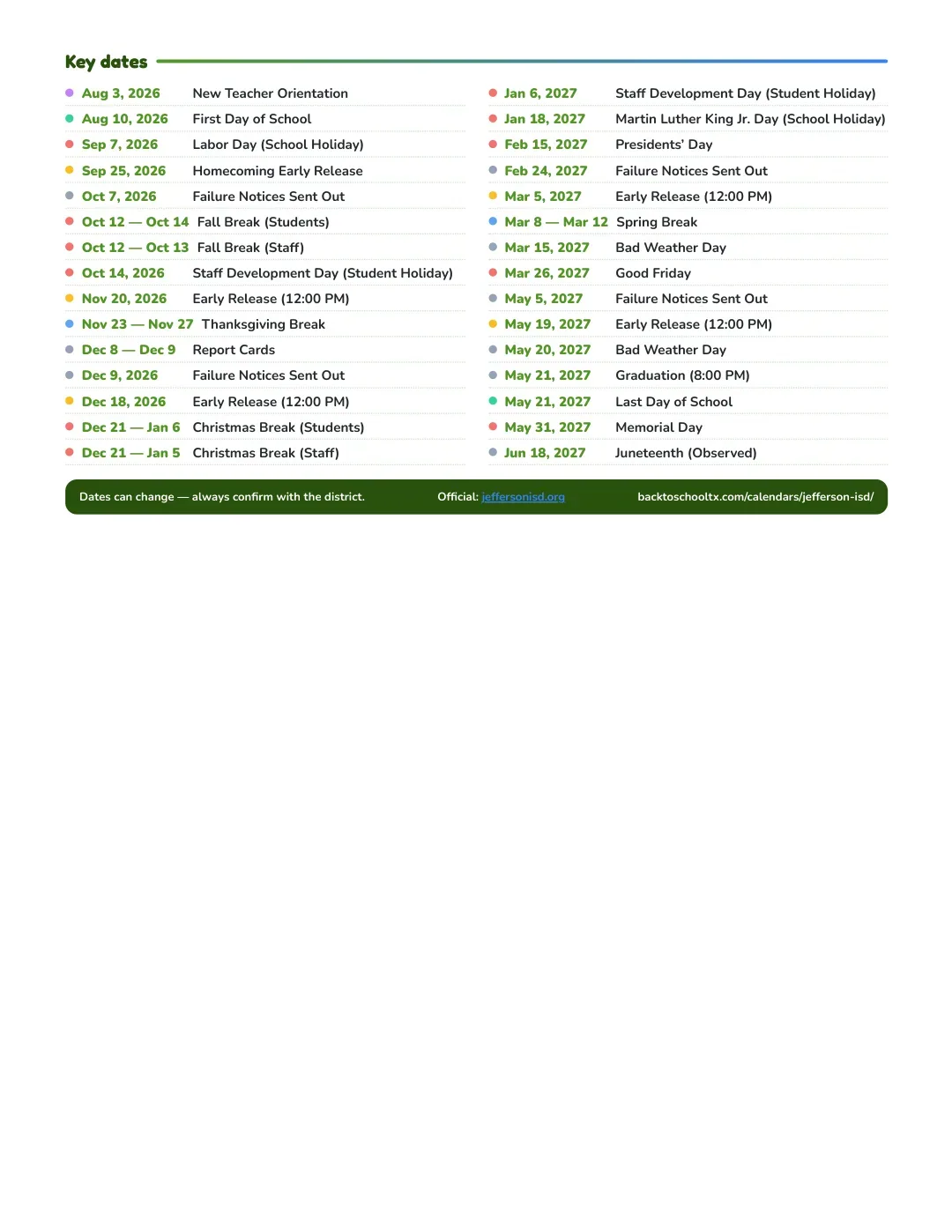 Jefferson ISD Calendar for the Year 26-27 — key dates