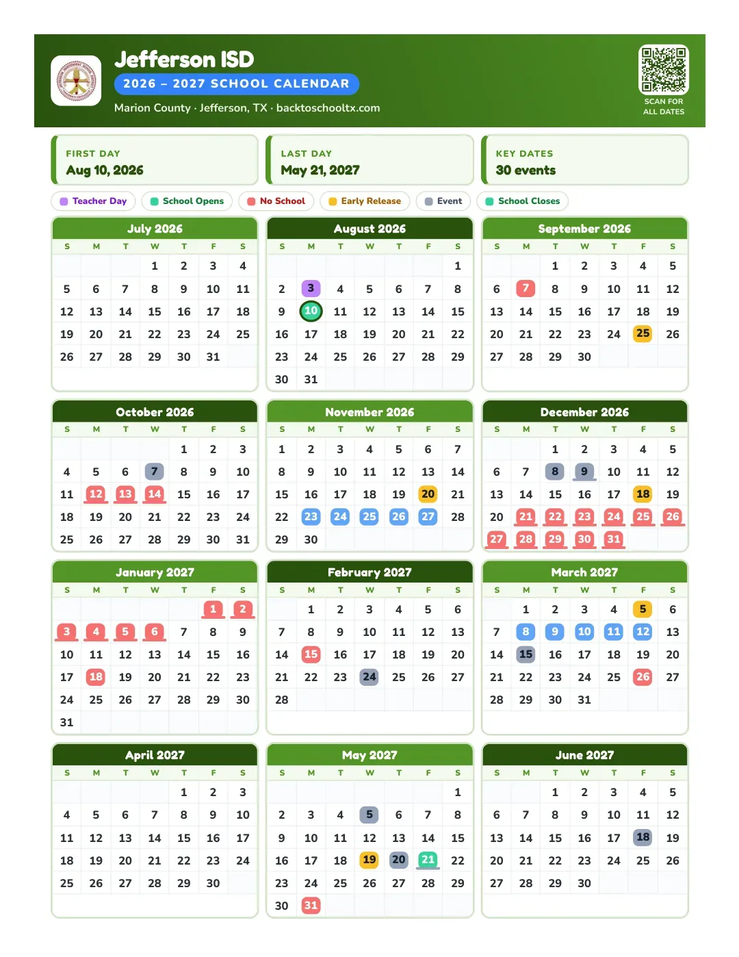 Jefferson ISD Calendar for the Year 26-27