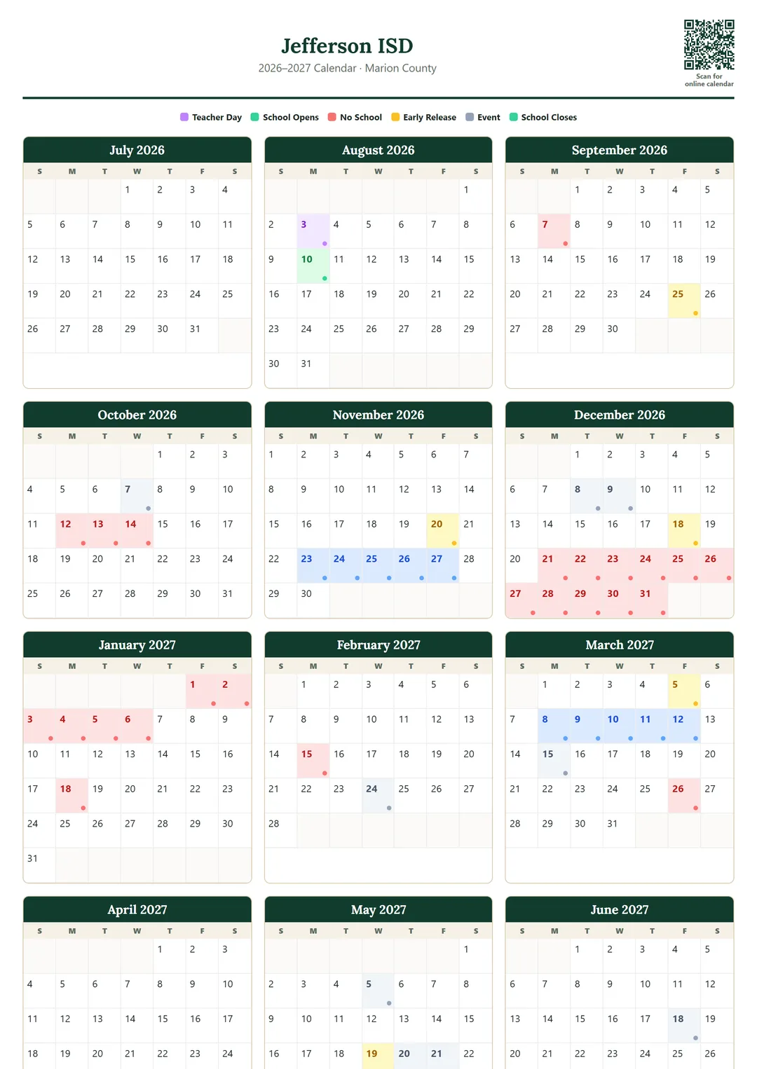 Jefferson ISD printable 2026–2027 calendar