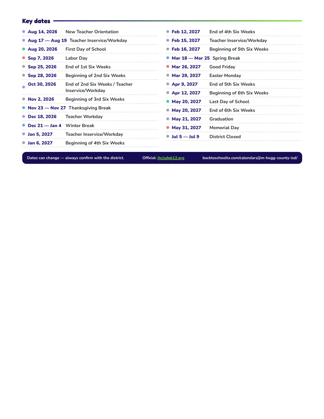 Jim Hogg County ISD Calendar for the Year 26-27 — key dates