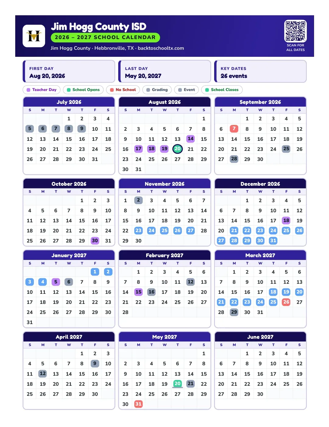 Jim Hogg County ISD Calendar for the Year 26-27