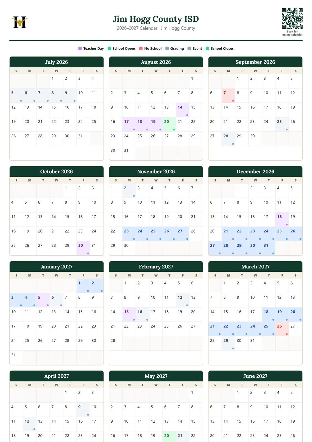 Jim Hogg County ISD printable 2026–2027 calendar