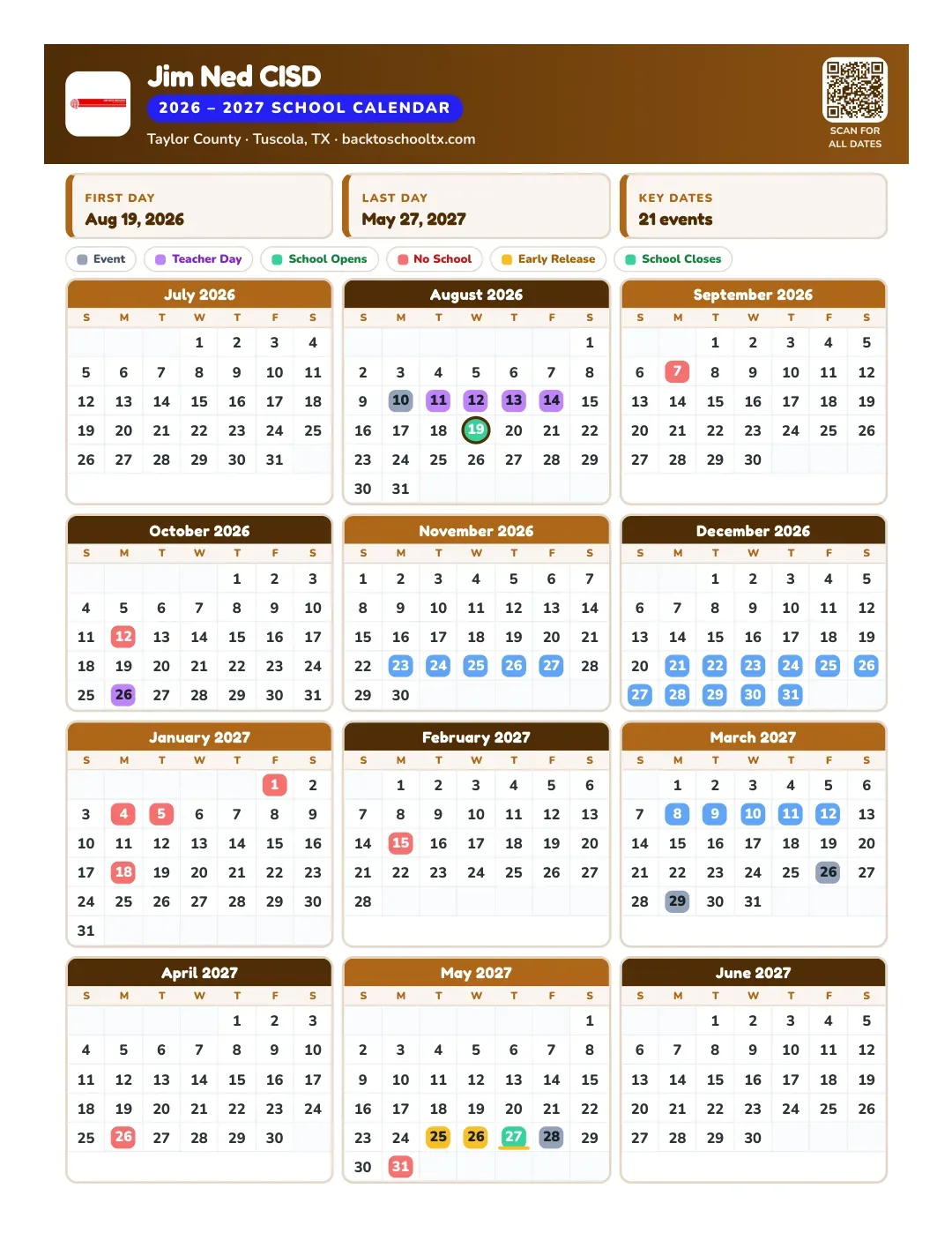 Jim Ned CISD Calendar for the Year 26-27